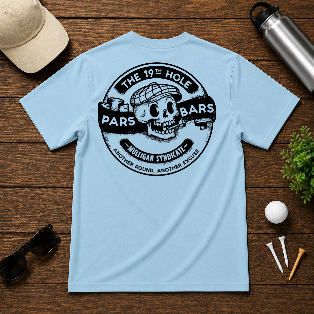 Show you can't wait for the 19th hole, with this stylized retro golf tee. Stylized skull with a golf tee in mouth, with a retro cartoon twist.