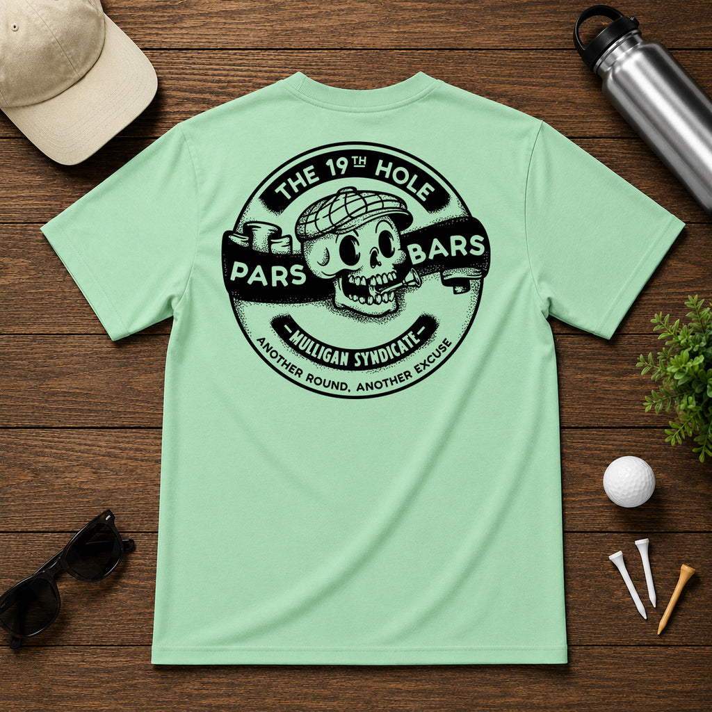 Show you can't wait for the 19th hole, with this stylized retro golf tee. Stylized skull with a golf tee in mouth, with a retro cartoon twist.