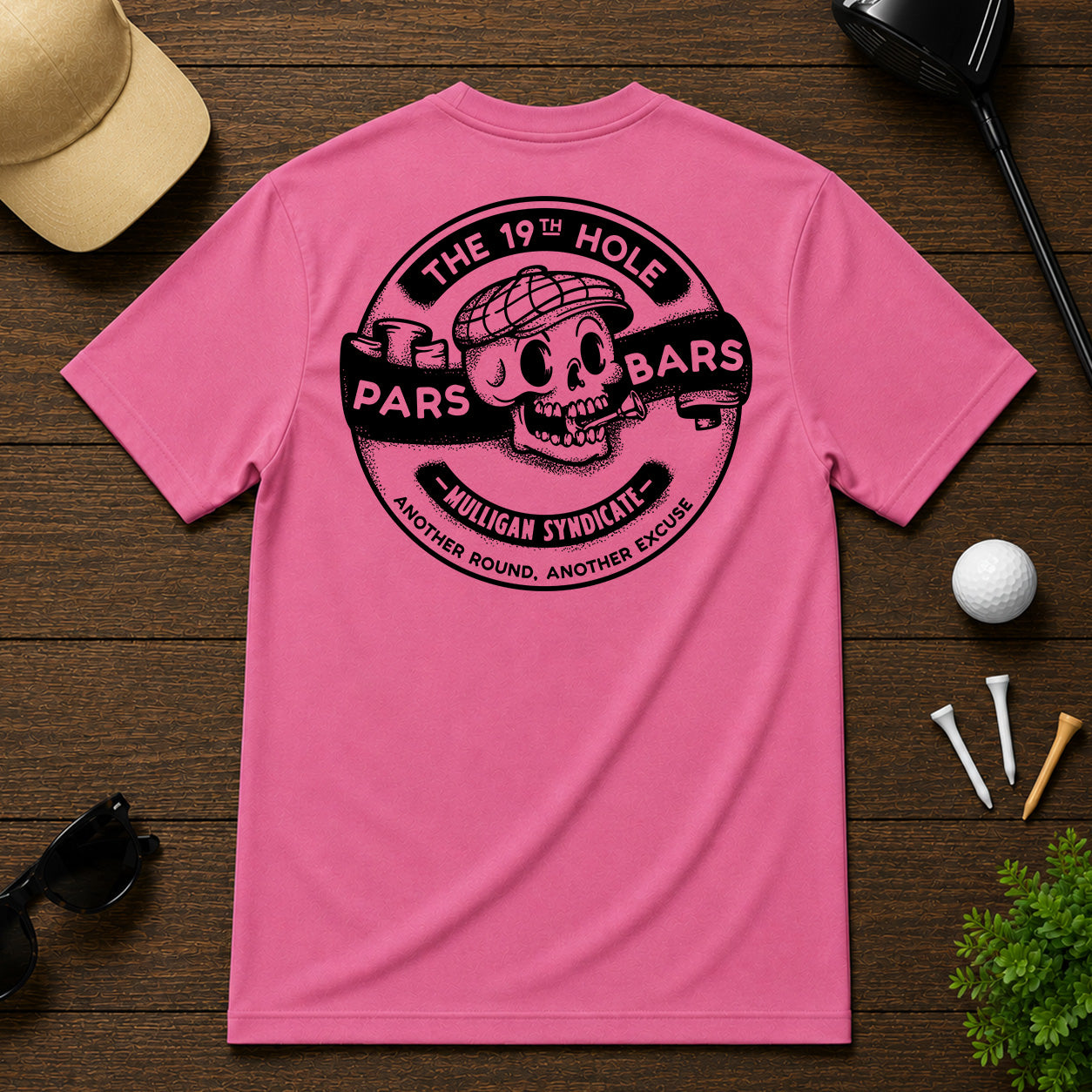 Show you can't wait for the 19th hole, with this stylized retro golf tee. Stylized skull with a golf tee in mouth, with a retro cartoon twist.