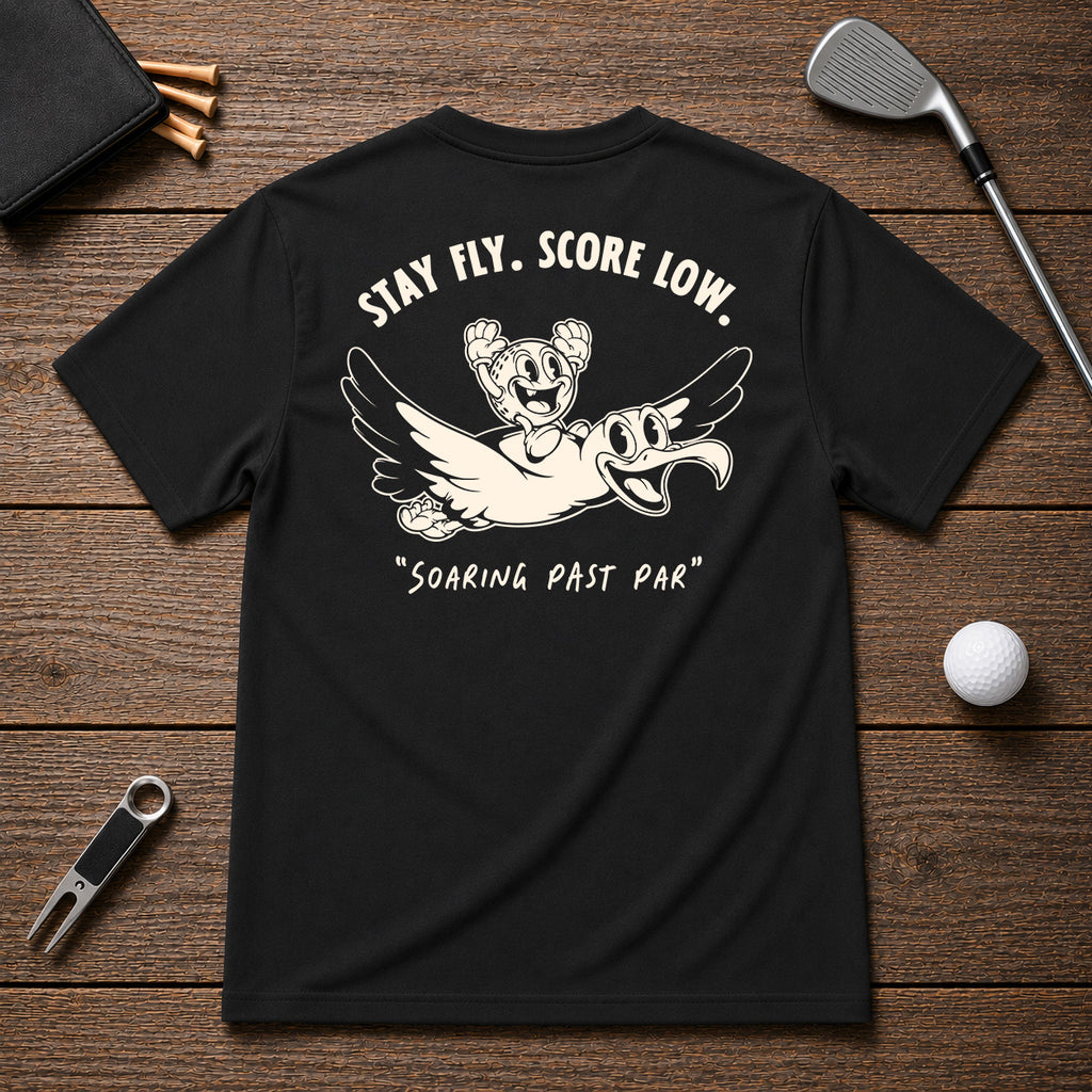 Funny golfing albatross golfer shirt. Golf Ball character riding on the back of an albatross, soaring through the air.