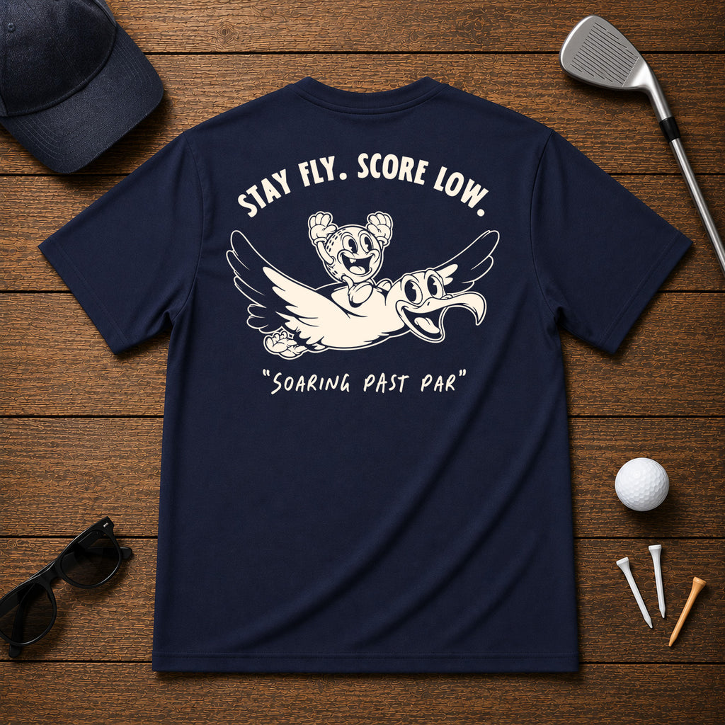 Funny golfing albatross golfer shirt. Golf Ball character riding on the back of an albatross, soaring through the air.