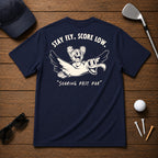 Funny golfing albatross golfer shirt. Golf Ball character riding on the back of an albatross, soaring through the air.