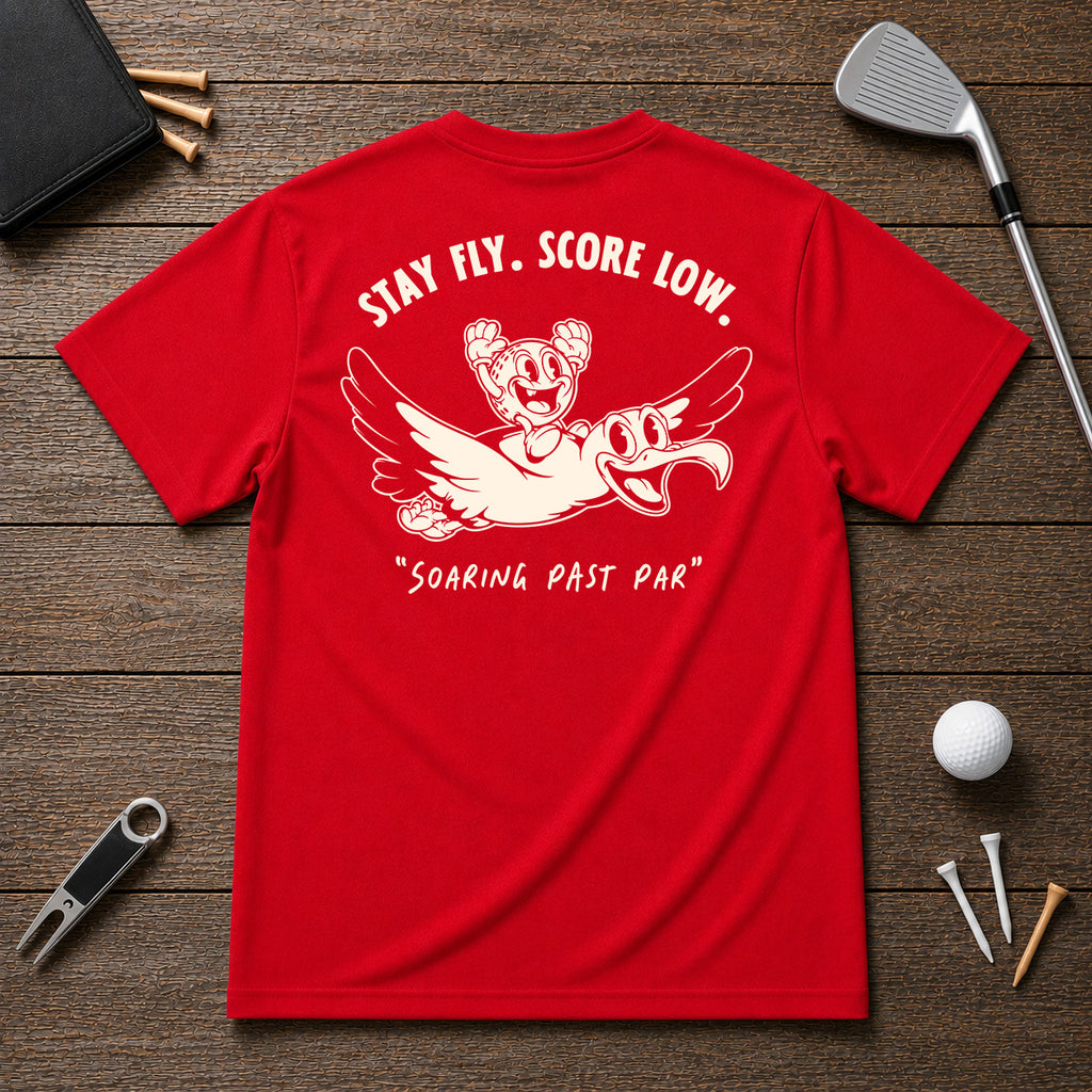 Funny golfing albatross golfer shirt. Golf Ball character riding on the back of an albatross, soaring through the air.