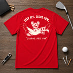 Funny golfing albatross golfer shirt. Golf Ball character riding on the back of an albatross, soaring through the air.