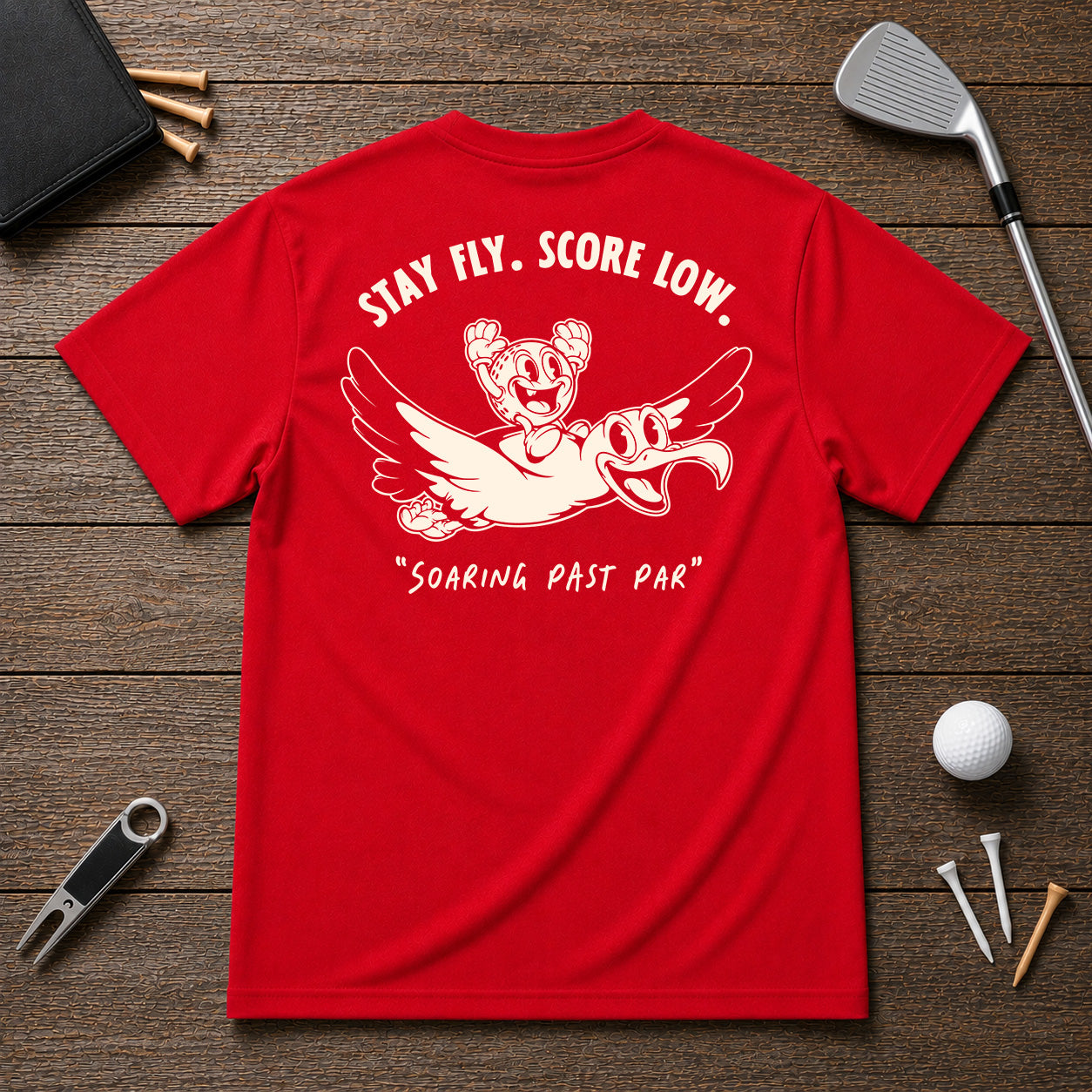 Funny golfing albatross golfer shirt. Golf Ball character riding on the back of an albatross, soaring through the air.