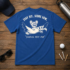 Funny golfing albatross golfer shirt. Golf Ball character riding on the back of an albatross, soaring through the air.