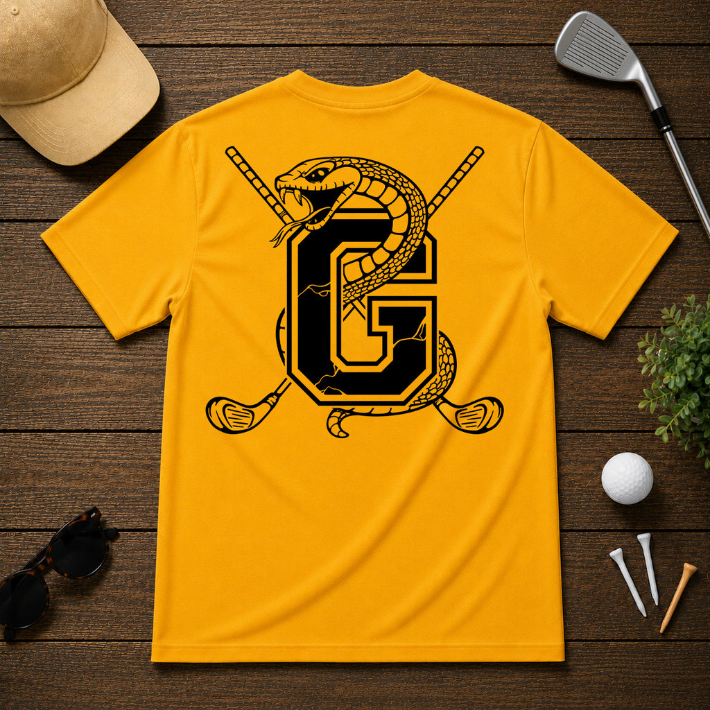 Varsity style golf shirt with a snake wrapped around the letter "G", with a pair of golf clubs in the back.