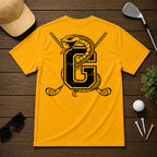 Varsity style golf shirt with a snake wrapped around the letter "G", with a pair of golf clubs in the back.