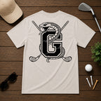 Varsity style golf shirt with a snake wrapped around the letter "G", with a pair of golf clubs in the back.