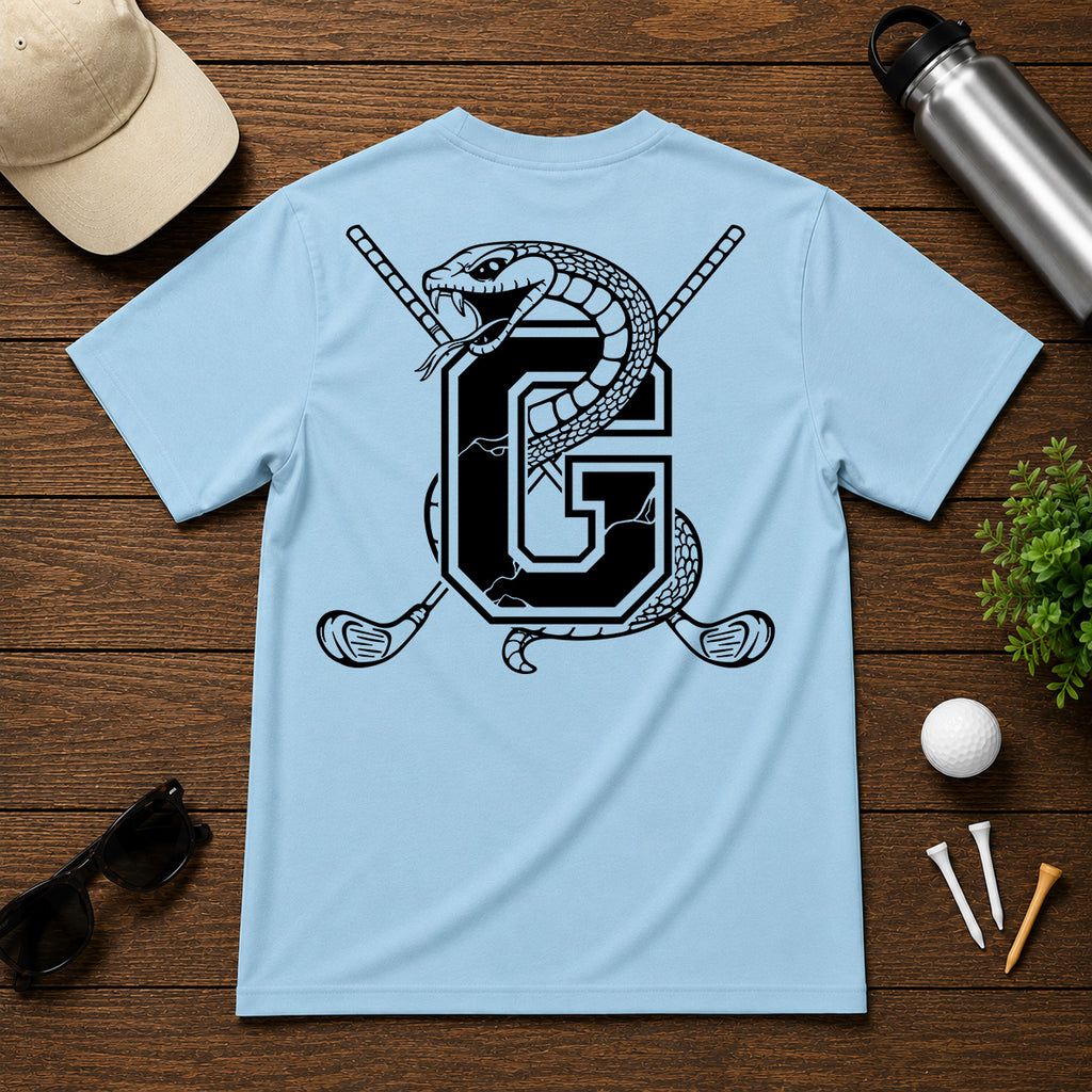 Varsity style golf shirt with a snake wrapped around the letter "G", with a pair of golf clubs in the back.