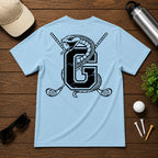Varsity style golf shirt with a snake wrapped around the letter "G", with a pair of golf clubs in the back.