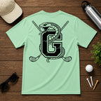 Varsity style golf shirt with a snake wrapped around the letter "G", with a pair of golf clubs in the back.