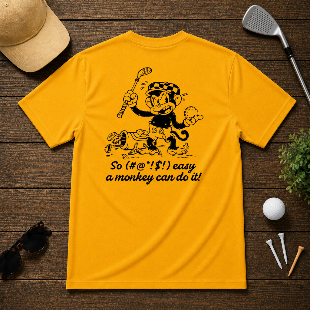 Mulligan Syndicate Retro sarcastic funny monkey golfing shirt. Monkey holding a golf ball in anger, for it not going where it was intended. 