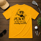 Mulligan Syndicate Retro sarcastic funny monkey golfing shirt. Monkey holding a golf ball in anger, for it not going where it was intended. 