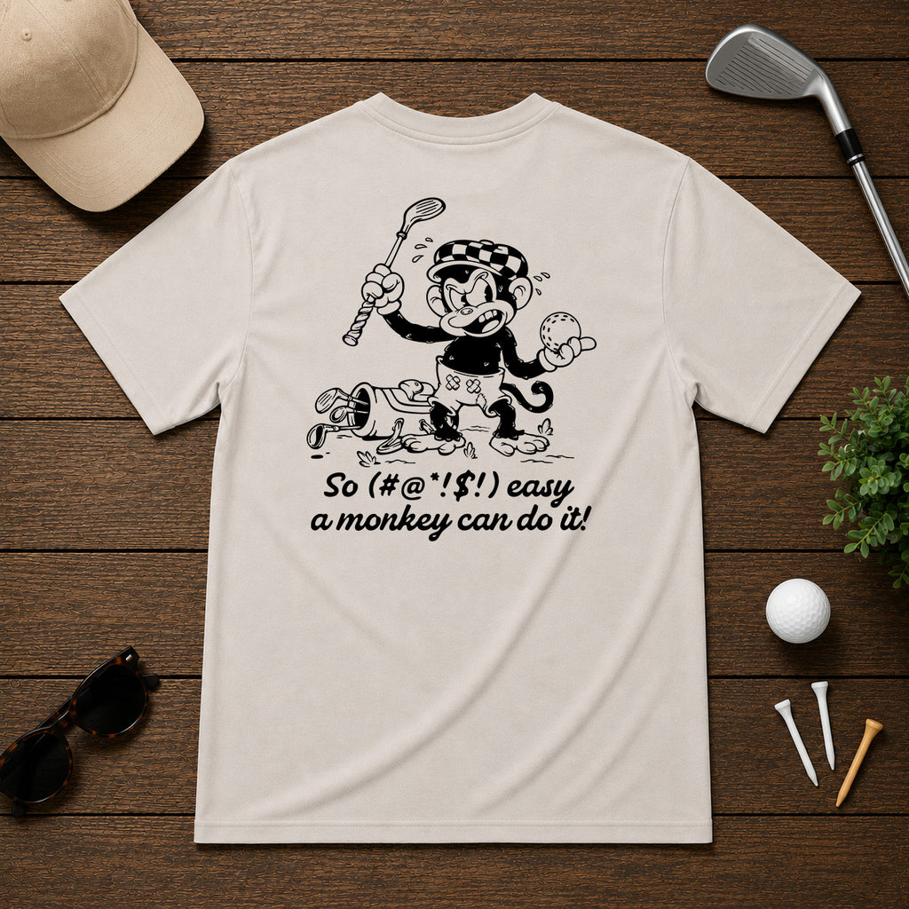 Mulligan Syndicate Retro sarcastic funny monkey golfing shirt. Monkey holding a golf ball in anger, for it not going where it was intended. 