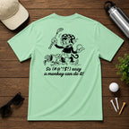 Mulligan Syndicate Retro sarcastic funny monkey golfing shirt. Monkey holding a golf ball in anger, for it not going where it was intended. 