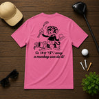 Mulligan Syndicate Retro sarcastic funny monkey golfing shirt. Monkey holding a golf ball in anger, for it not going where it was intended. 