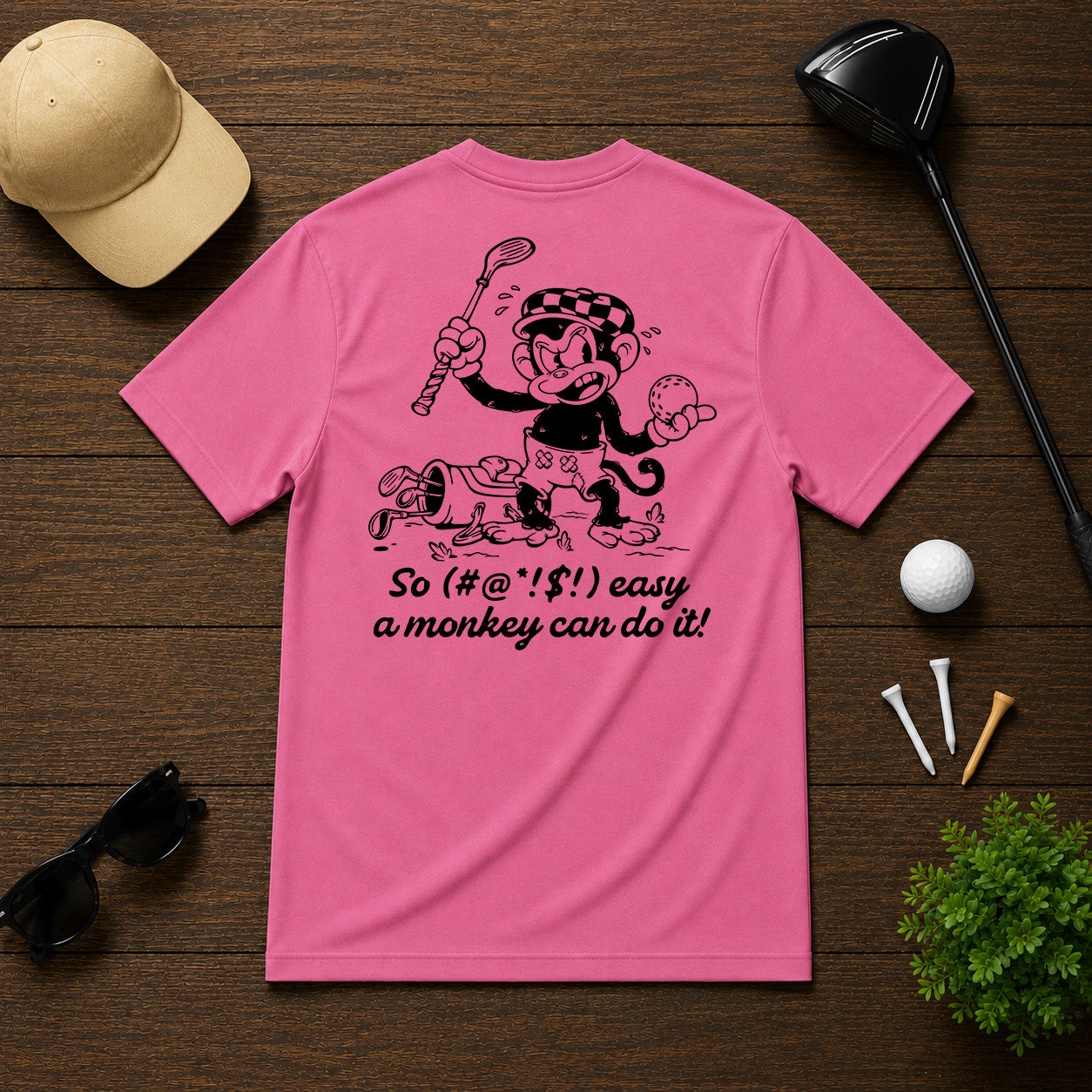 Mulligan Syndicate Retro sarcastic funny monkey golfing shirt. Monkey holding a golf ball in anger, for it not going where it was intended. 